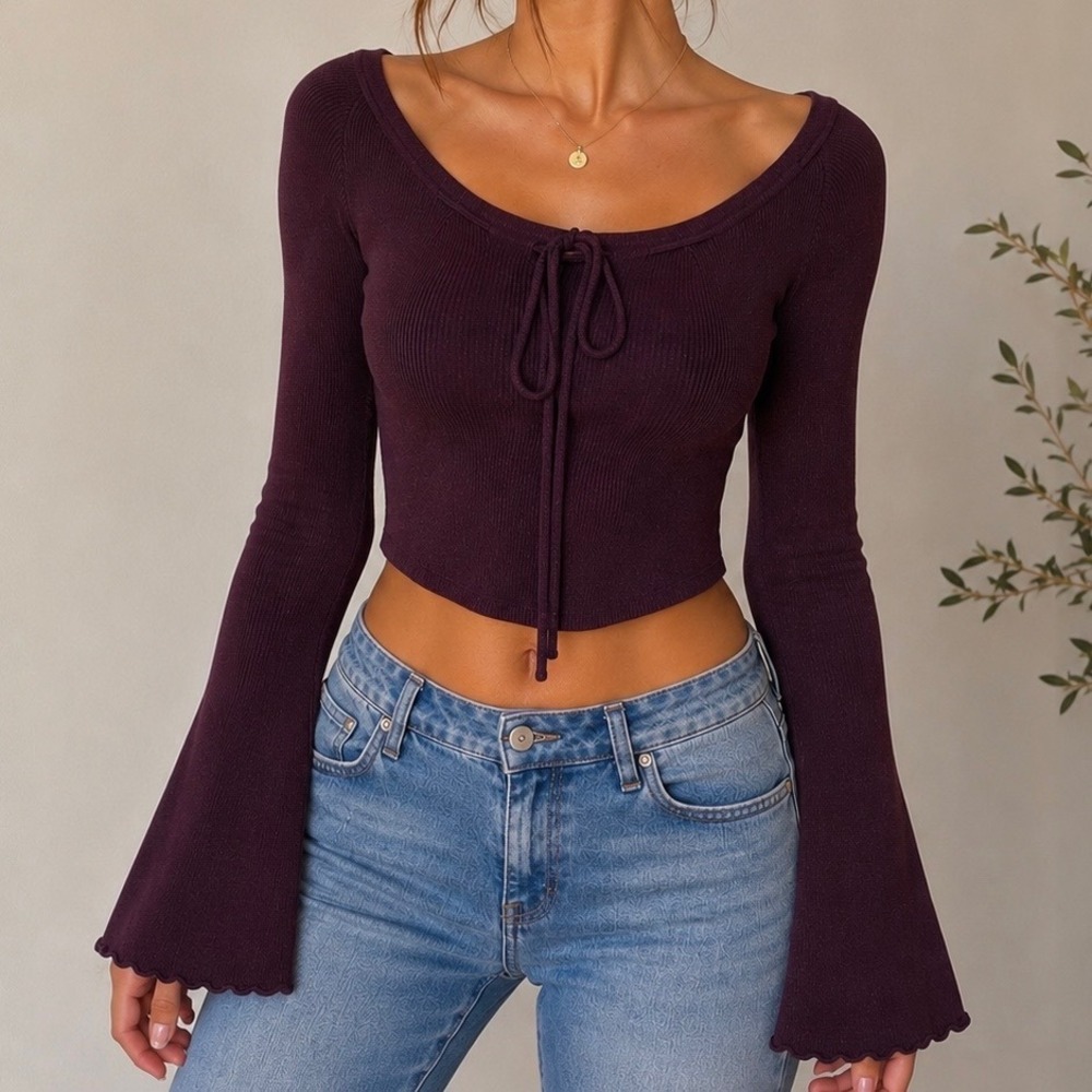 Madden NYC Burgundy Plum Ribbed Knit Tie Neck Bell Sleeve Crop Top XXS Sweater